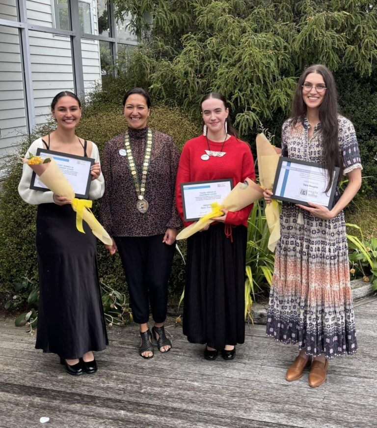 Zonta   Young Women in Leadership Award recipients (L to R) Aroa Al Masri, Kylie Wihapi (Deputy Mayor), Maia Thompson and Tara Douglas.