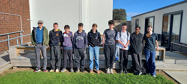 Onslow College EPro8 participants outside the venue. L to R: Jan Szydlowski (teacher), James Curran, Raphaël Shindo, Billy O'Brien, Alby Winton, Danny Ball, Joseph Hicks, Atshaya Narayanan, Eva Clear.