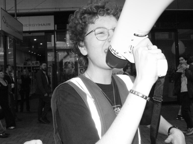 Ruby leading a protest to parliament in September. 